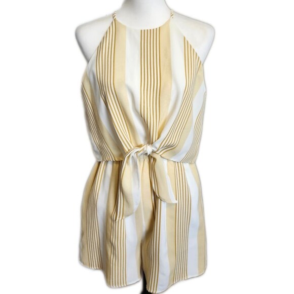 Allie Rose NWT mustard yellow & white striped, front tie romper, S - Picture 1 of 10